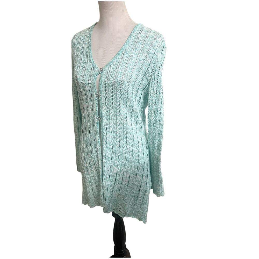 St. John Sport Crochet Longline Knit Cardigan Teal Size Small Petite Beaded Hook - Picture 3 of 16